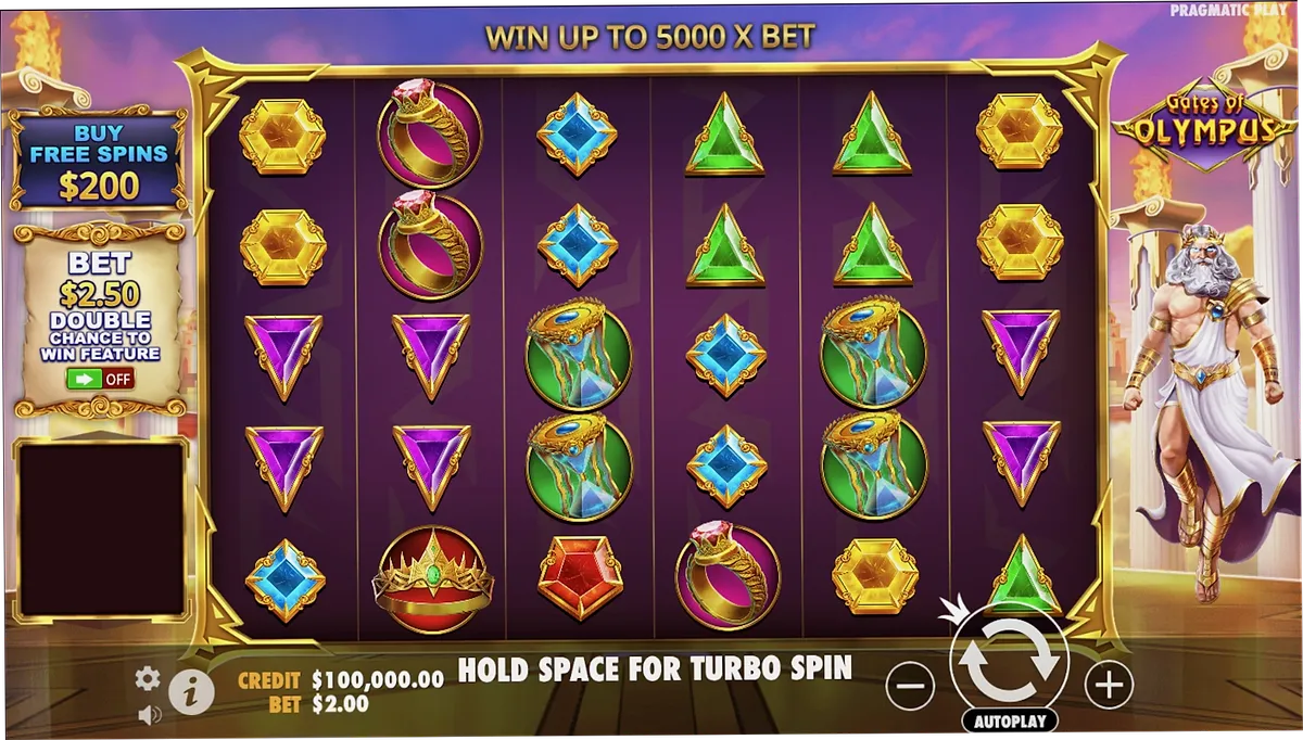 Gates of Olympus 6x5 grid interface with bonus buy feature
